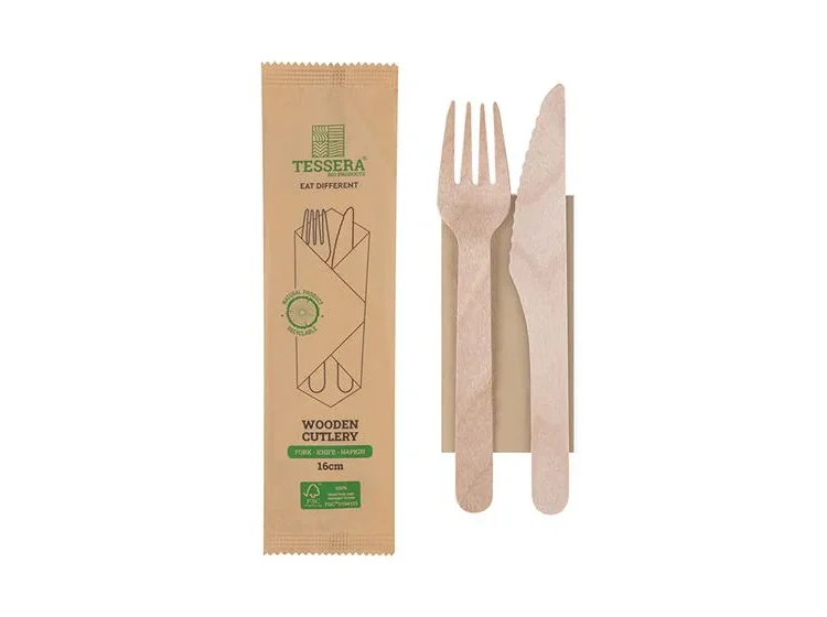 Wooden Cutlery FSC® Set 16 cm. Wrapped (Fork – Knife – Napkin)